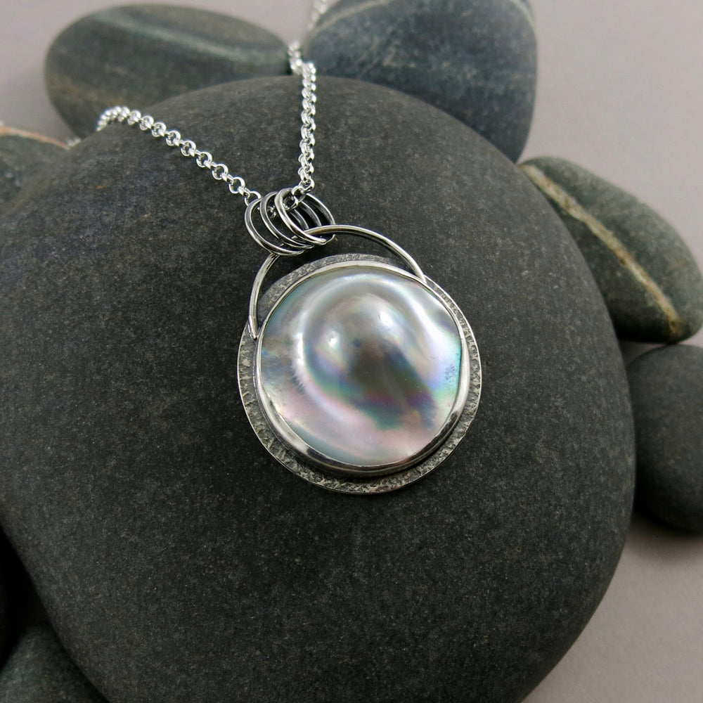Large mabe pearl necklace in oxidized sterling silver by Mikel Grant Jewellery.