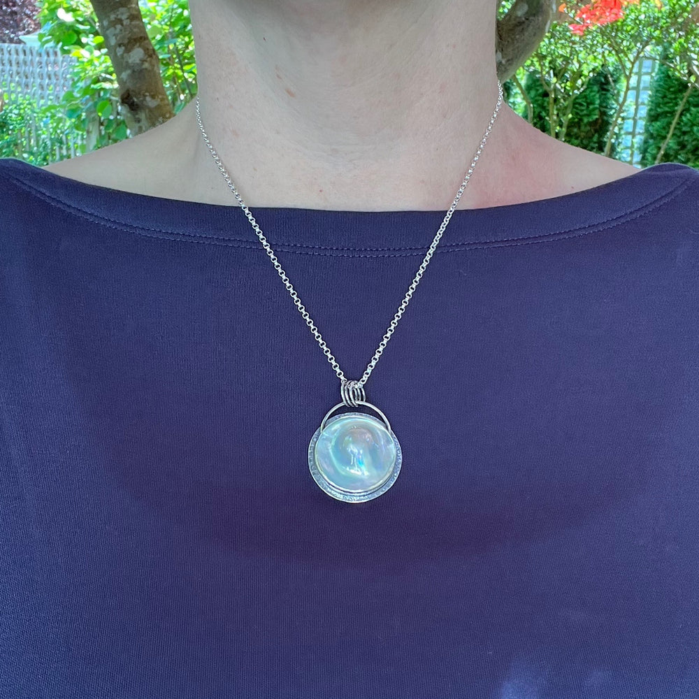 Large mabe pearl necklace in oxidized sterling silver by Mikel Grant Jewellery.