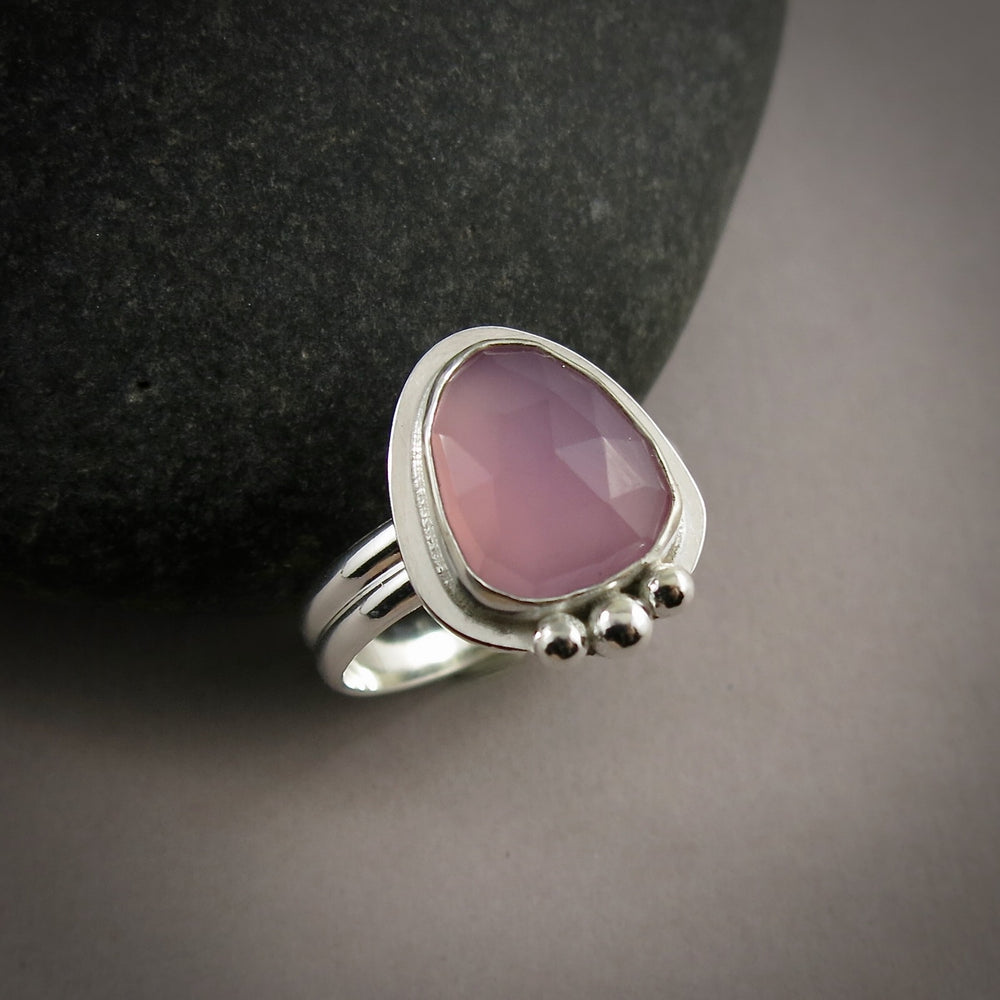 Rose-cut lavender chalcedony ring in sterling silver by Mikel Grant Jewellery.  Size 8.