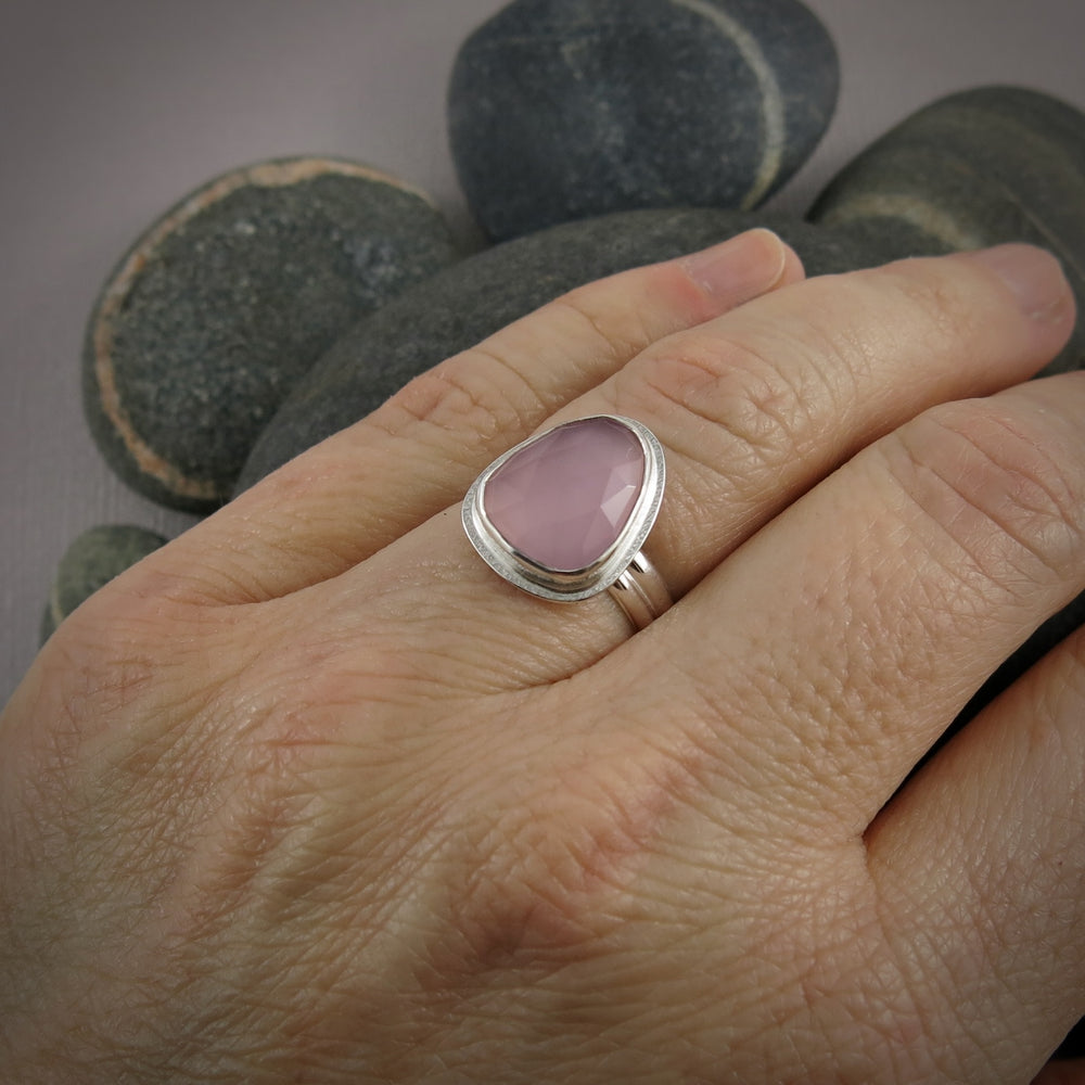 Rose cut lavender chalcedony ring in sterling silver by Mikel Grant Jewellery.  Size 7.