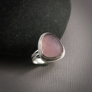 Rose cut lavender chalcedony ring in sterling silver by Mikel Grant Jewellery.  Size 7.