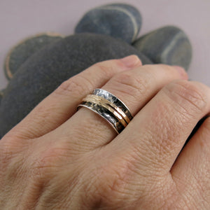 Leopard print meditation ring in blackened silver and gold spinning bands by Mikel Grant Jewellery