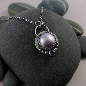 Lilac mabe pearl necklace with amethyst in oxidized sterling silver by Mikel Grant Jewellery.