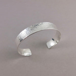 Convex hammer textured sterling silver cuff bracelet in medium width by Mikel Grant Jewellery