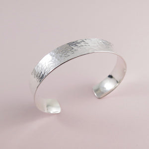 Convex hammer textured sterling silver cuff bracelet in medium width by Mikel Grant Jewellery