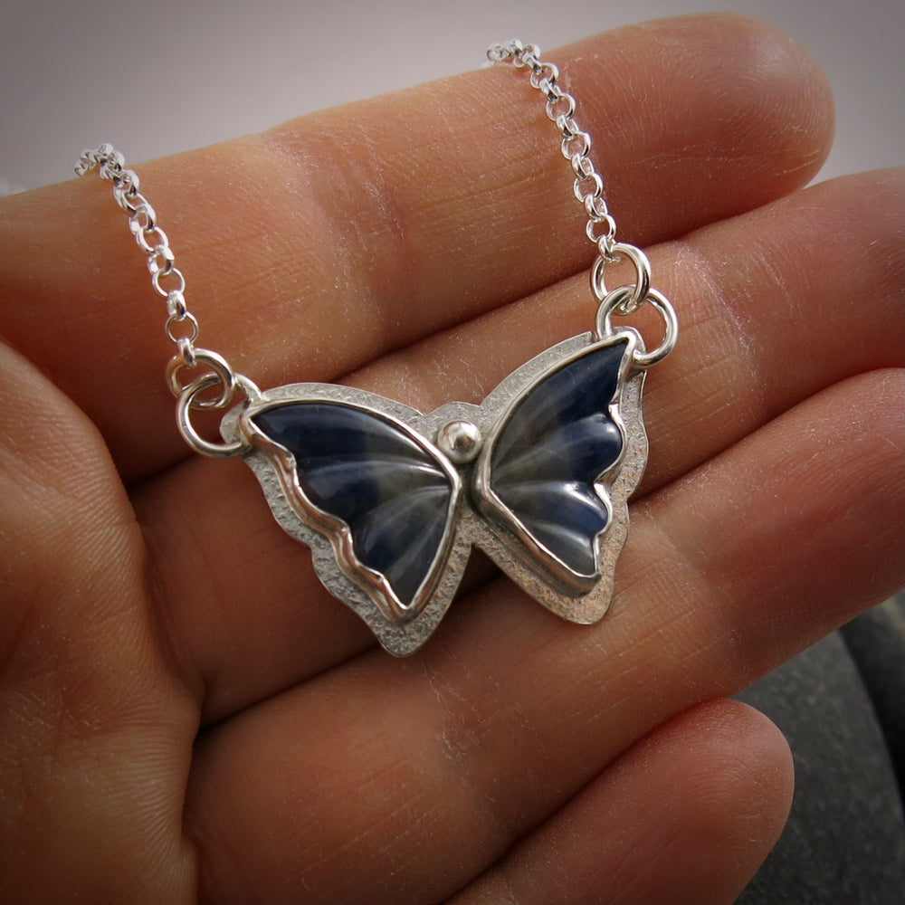 Mini Blue & Grey Sapphire Butterfly Pendant  • Sterling Silver