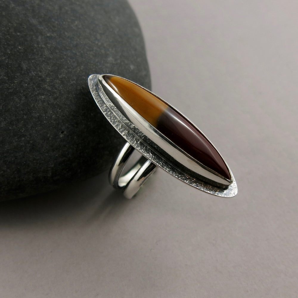 Mookaite statement ring by Mikel Grant Jewellery. Wine & mustard coloured gemstone in sterling silver.