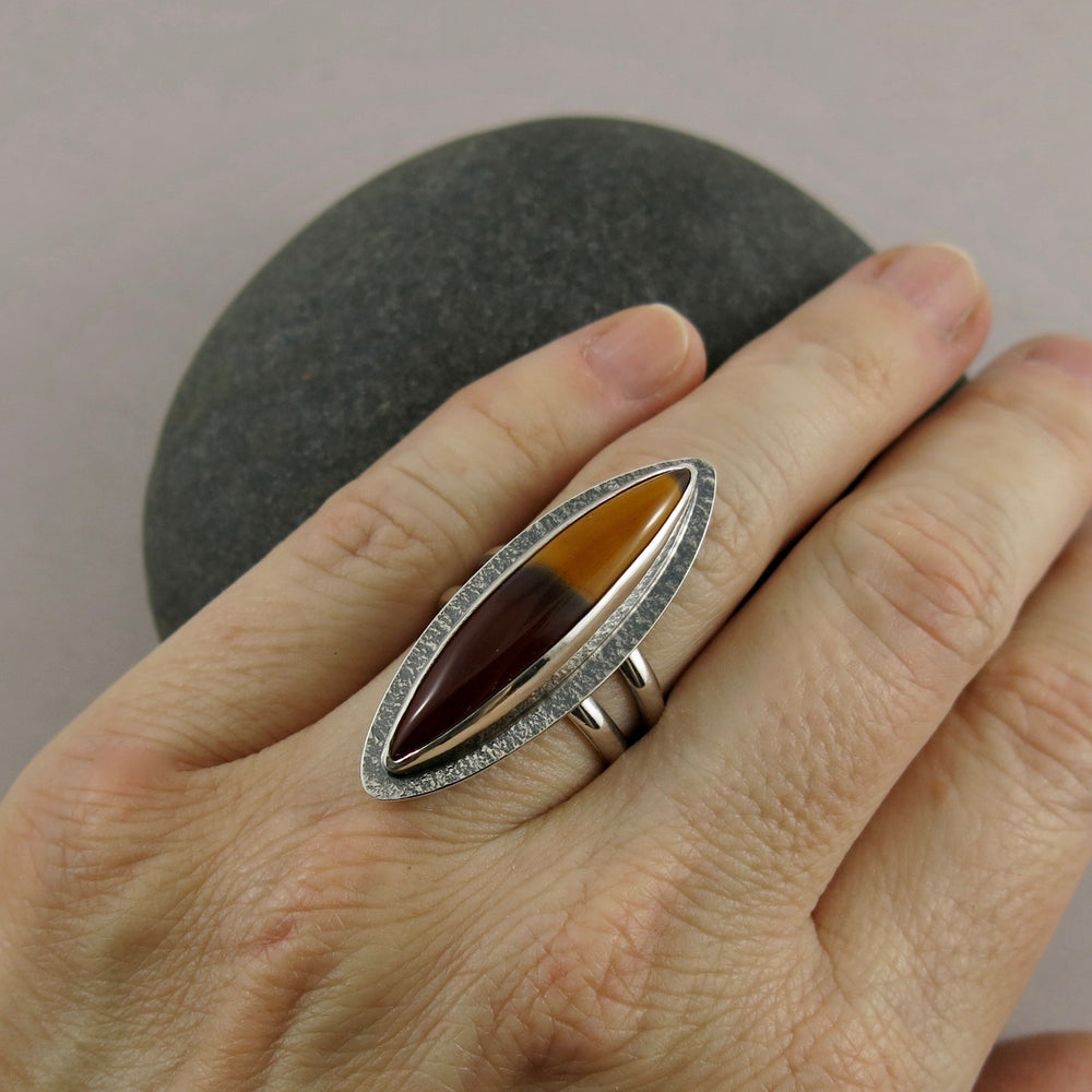 Mookaite statement ring by Mikel Grant Jewellery. Wine & mustard coloured gemstone in sterling silver.