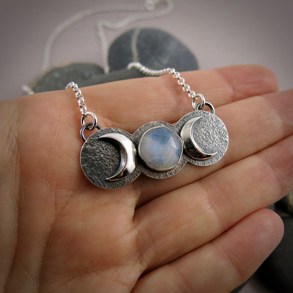Rose Cut Moonstone Moon Phase Necklace in Blackened Sterling Silver by Mikel Grant Jewellery
