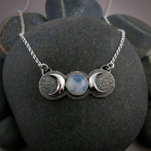 Rose Cut Moonstone Moon Phase Necklace in Blackened Sterling Silver by Mikel Grant Jewellery