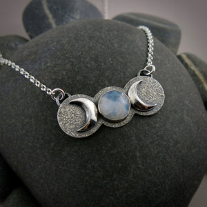 Rose Cut Moonstone Moon Phase Necklace in Blackened Sterling Silver by Mikel Grant Jewellery