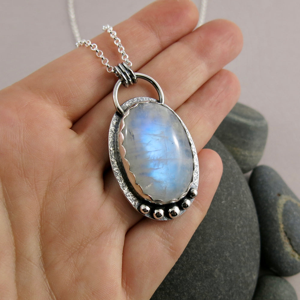 Large oval moonstone necklace in sterling silver by Mikel Grant Jewellery