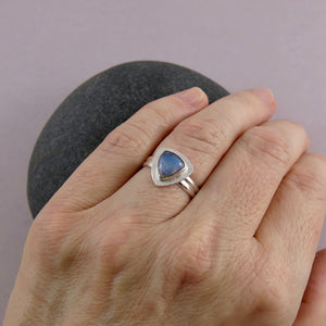 Triangular rainbow moonstone halo ring in sterling silver by Mikel Grant Jewellery