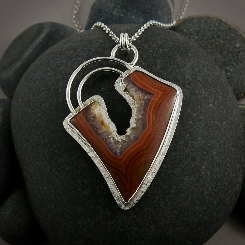 Stunning Orange Banded Agate with Lavender Druzy Necklace in Sterling Silver by Mikel Grant Jewellery