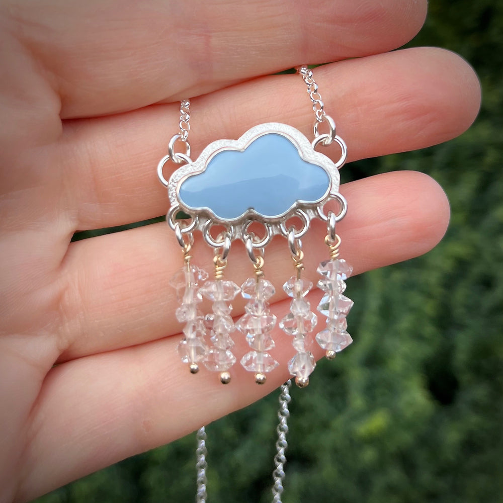 Owyhee blue opal cloud necklace in sterling silver with Herkimer diamond raindrops by Mikel Grant Jewellery