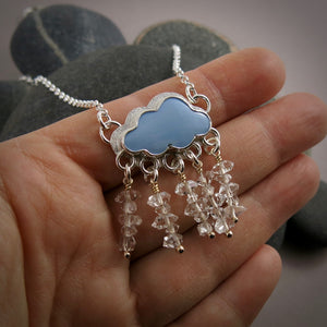 Owyhee blue opal cloud necklace in sterling silver with Herkimer diamond raindrops by Mikel Grant Jewellery