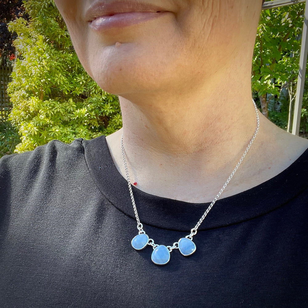 Rose cut Owyhee blue opal trio necklace in sterling silver by Mikel Grant Jewellery