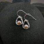 Peach pearl raindrop earrings in sterling silver by Mikel Grant Jewellery