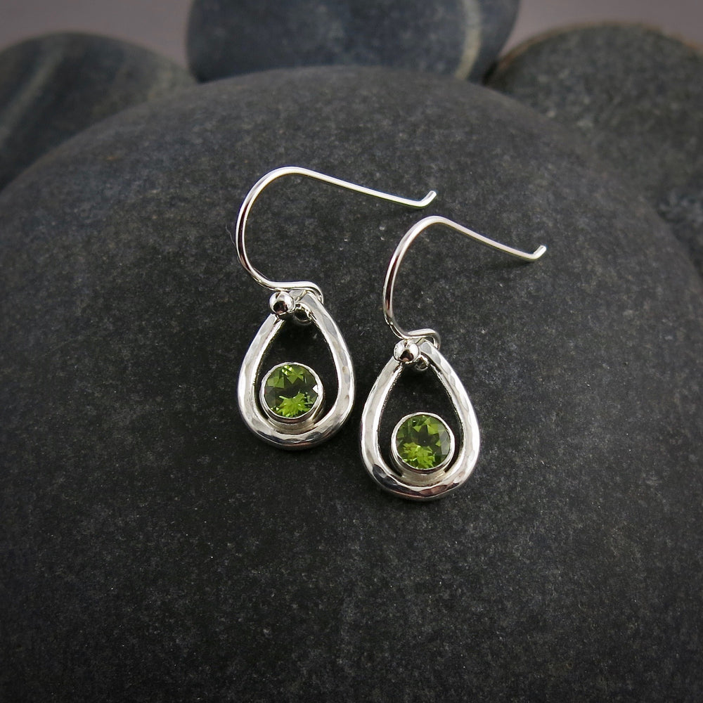 Silver raindrop earrings with faceted peridot by Mikel Grant Jewellery