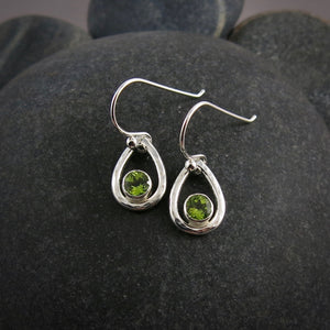 Silver raindrop earrings with faceted peridot by Mikel Grant Jewellery