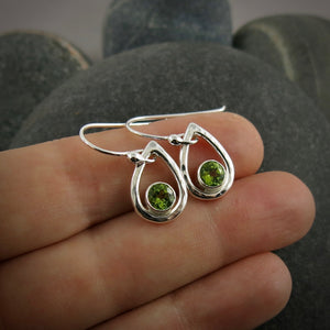 Silver raindrop earrings with faceted peridot by Mikel Grant Jewellery