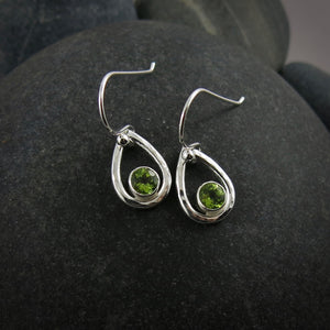 Silver raindrop earrings with faceted peridot by Mikel Grant Jewellery