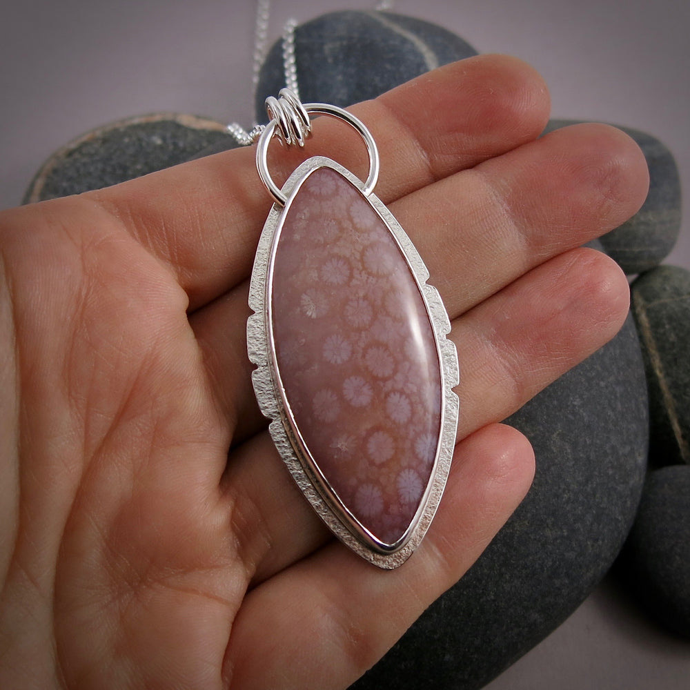 Pink agatized fossil coral necklace in sterling silver by Mikel Grant Jewellery