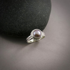 Petite pink button pearl halo ring in sterling silver by Mikel Grant Jewellery