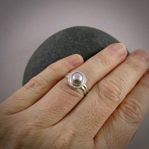 Petite pink button pearl halo ring in sterling silver by Mikel Grant Jewellery