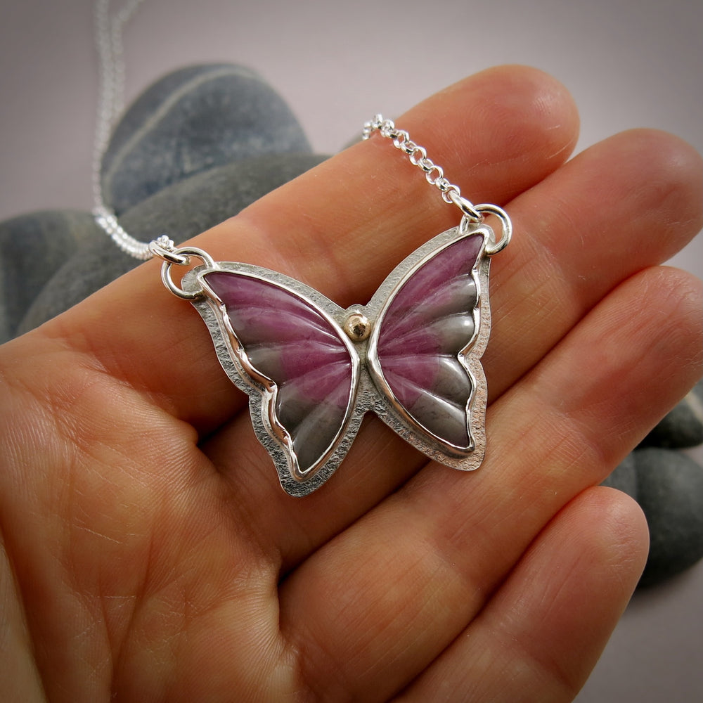 Pink & Grey Sapphire Butterfly Pendant  • Sterling Silver & 14K Gold