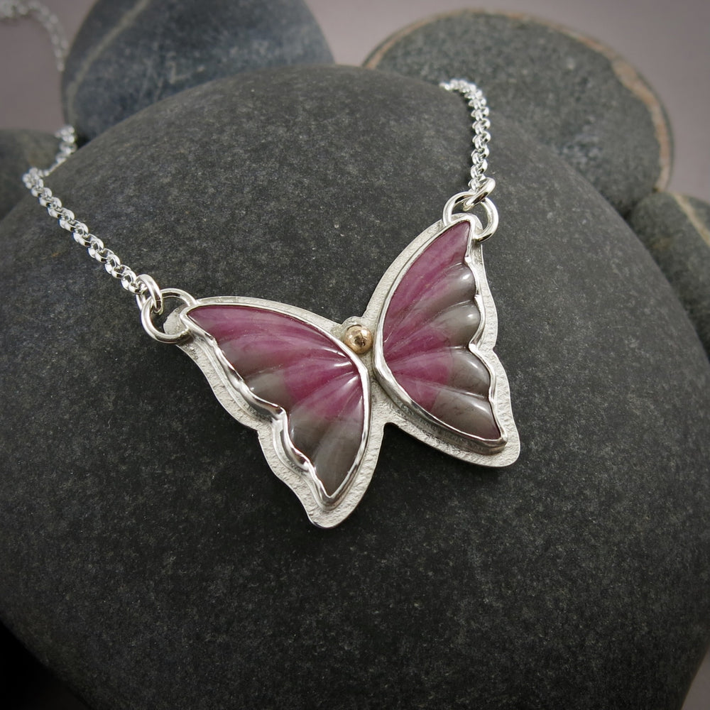 Pink & Grey Sapphire Butterfly Pendant  • Sterling Silver & 14K Gold
