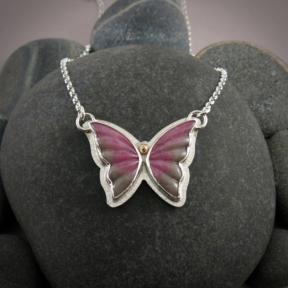 Pink & Grey Sapphire Butterfly Pendant  • Sterling Silver & 14K Gold
