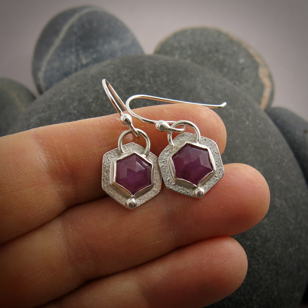 Pink Sapphire Hex Earrings • Sterling Silver