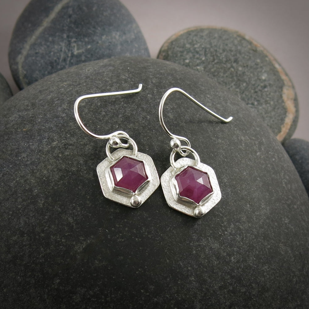 Pink Sapphire Hex Earrings • Sterling Silver