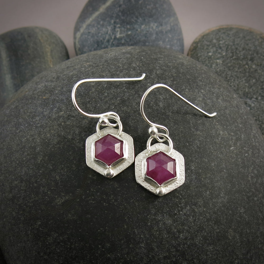 Pink Sapphire Hex Earrings • Sterling Silver