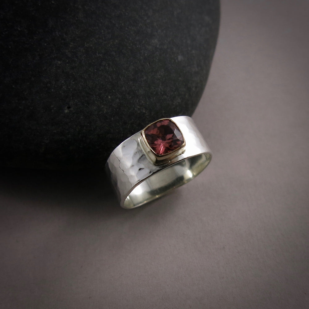 Pink Tourmaline Ring Size 7.5 • Sterling Silver & 14K Gold • Just Peachy Collection