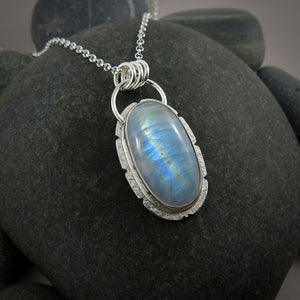 Rainbow moonstone halo necklace in sterling silver by Mikel Grant Jewellery