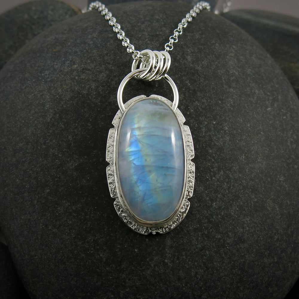 Rainbow moonstone halo necklace in sterling silver by Mikel Grant Jewellery