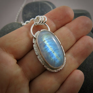 Rainbow moonstone halo necklace in sterling silver by Mikel Grant Jewellery