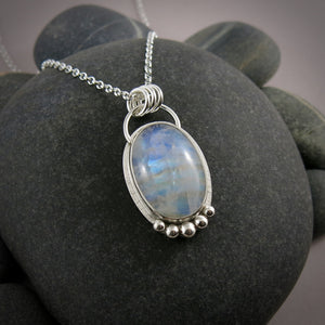 Rainbow moonstone halo necklace in sterling silver by Mikel Grant Jewellery