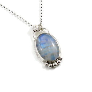 Rainbow moonstone halo necklace in sterling silver by Mikel Grant Jewellery