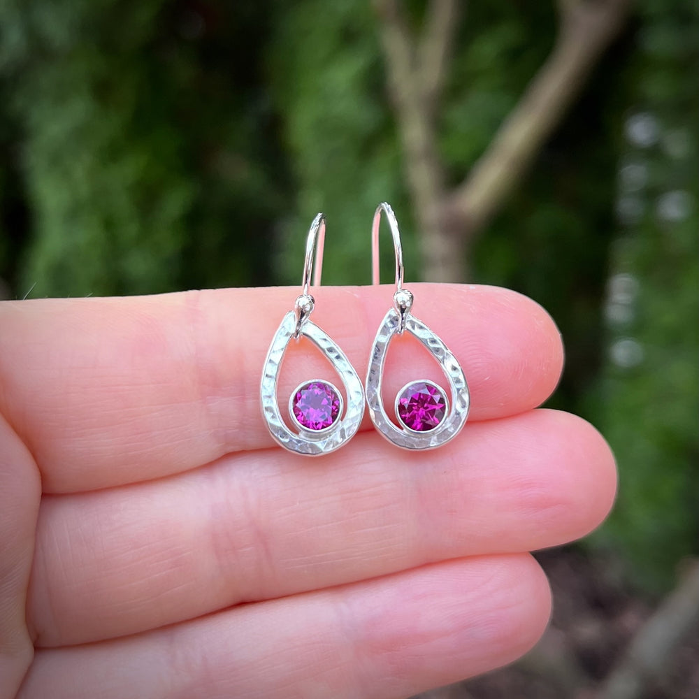 Pink garnet raindrop earrings in sterling silver by Mikel Grant Jewellery