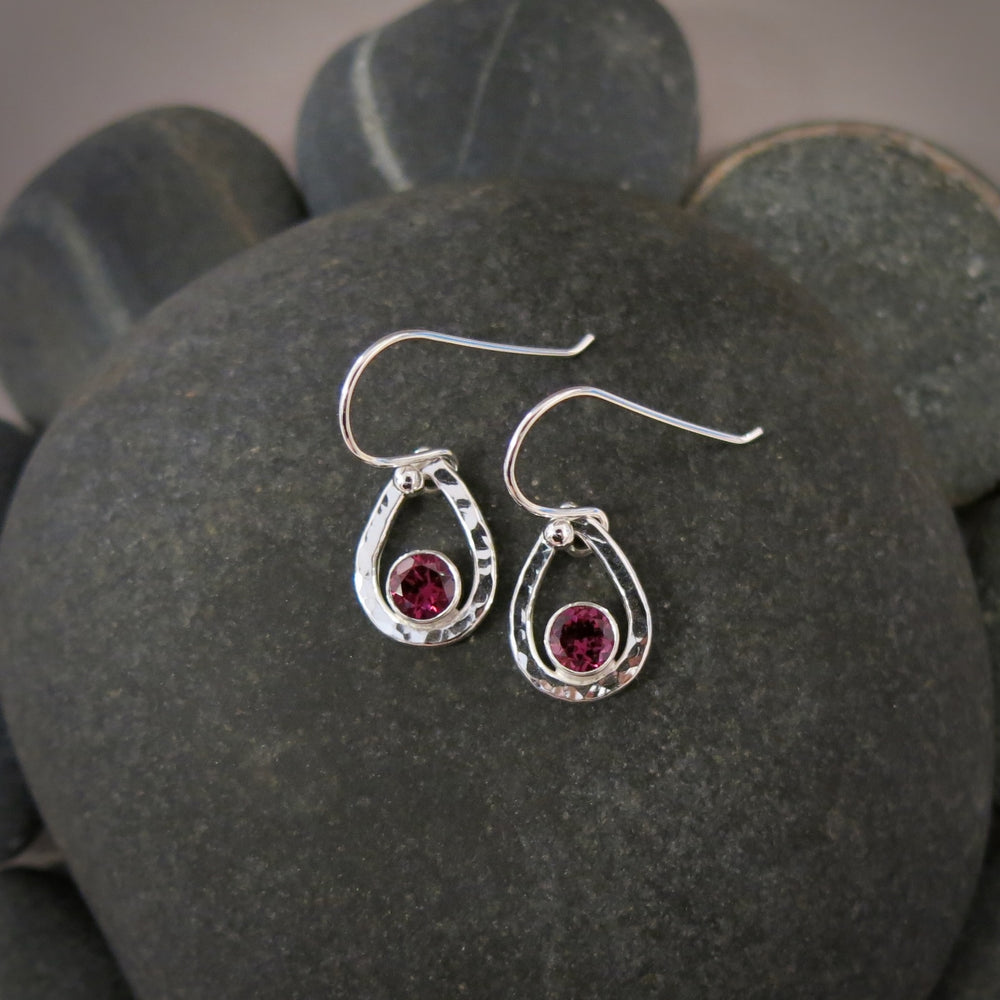 Pink garnet raindrop earrings in sterling silver by Mikel Grant Jewellery