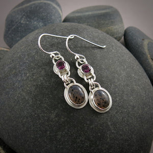 Rhodolite Garnet and Montana Agate Earrings in Sterling Silver by Mikel Grant Jewellery