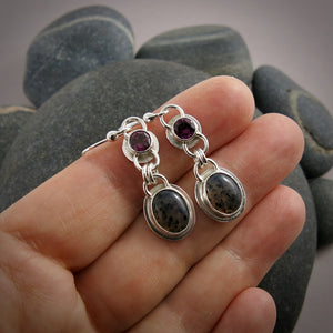 Rhodolite Garnet and Montana Agate Earrings in Sterling Silver by Mikel Grant Jewellery