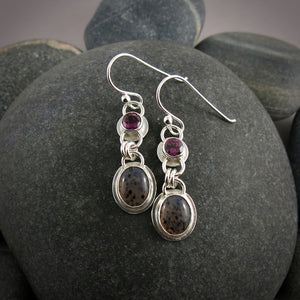 Rhodolite Garnet and Montana Agate Earrings in Sterling Silver by Mikel Grant Jewellery