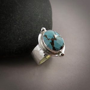 Rose cut Hubei turquoise halo ring in sterling silver by Mikel Grant Jewellery