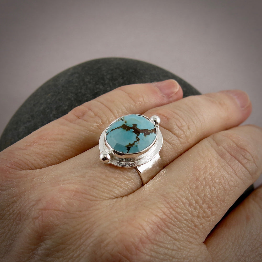 Rose cut Hubei turquoise halo ring in sterling silver by Mikel Grant Jewellery