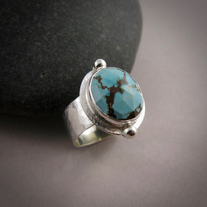 Rose cut Hubei turquoise halo ring in sterling silver by Mikel Grant Jewellery