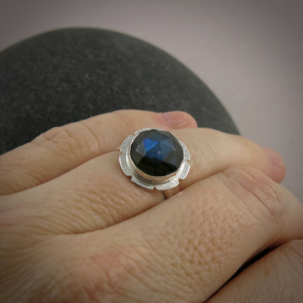 Rose-cut labradorite ring in sterling silver by Mikel Grant Jewellery